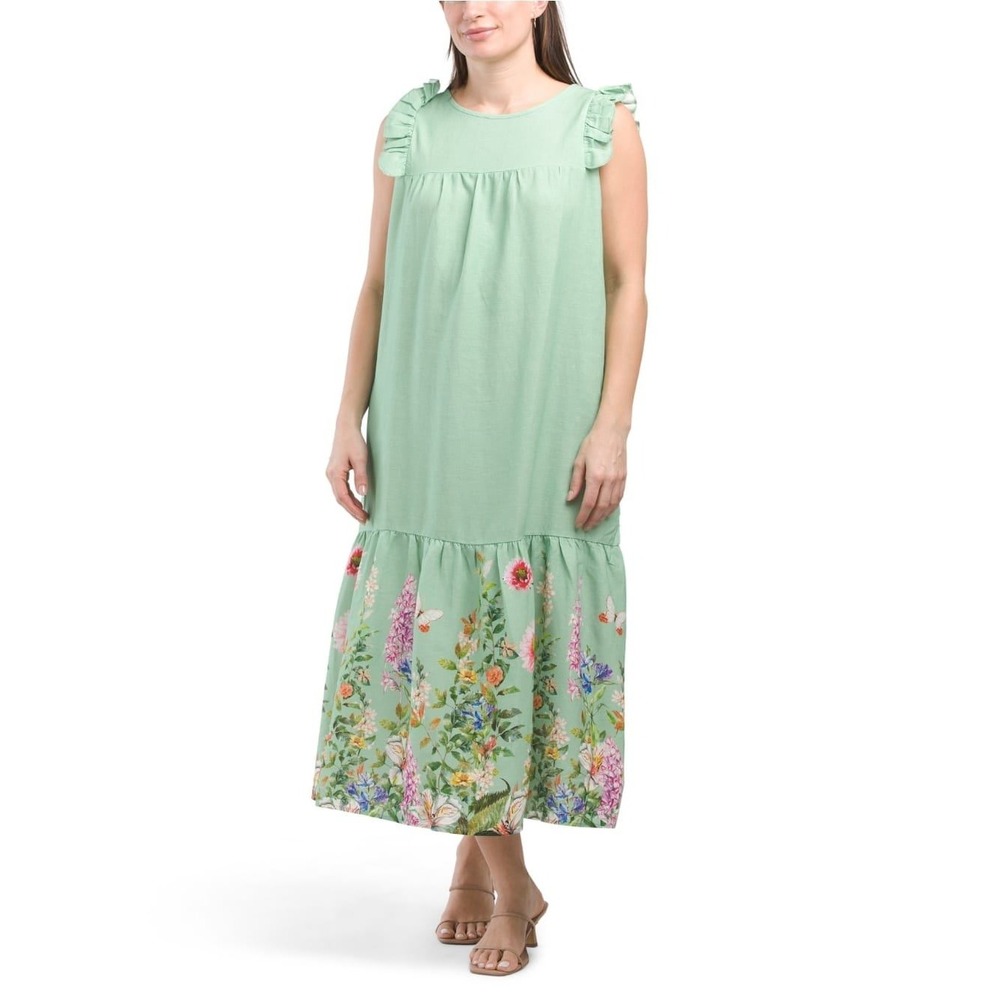 La Ragazze Women Green Floral Ruffle Sleeve‎ Midi Dress Made In Italy Size L